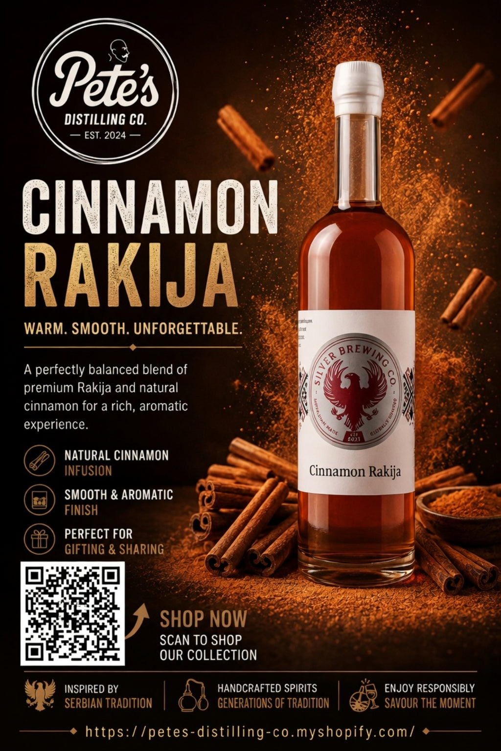 Bottle of Cinnamon Rakija 33% by Pete's Distilling Co - View 2
