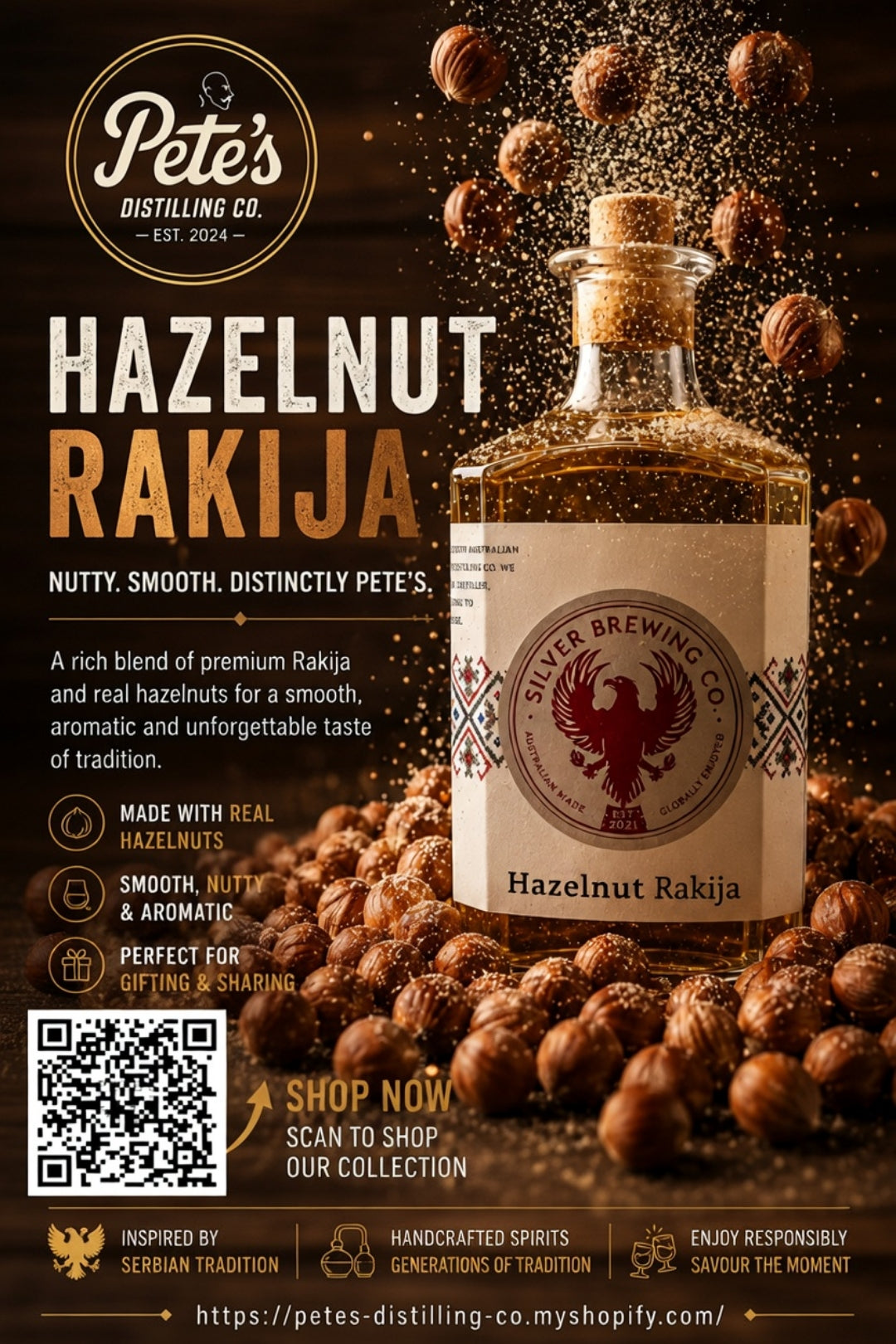 Bottle of Hazelnut Rakija 33% by Pete's Distilling Co - View 2
