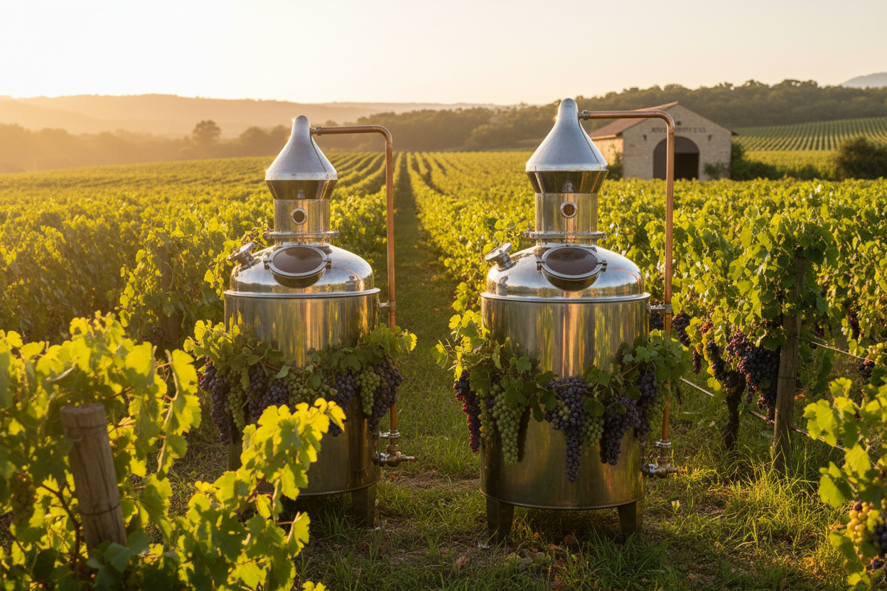 Vineyard with stainless steel stills and grapevines